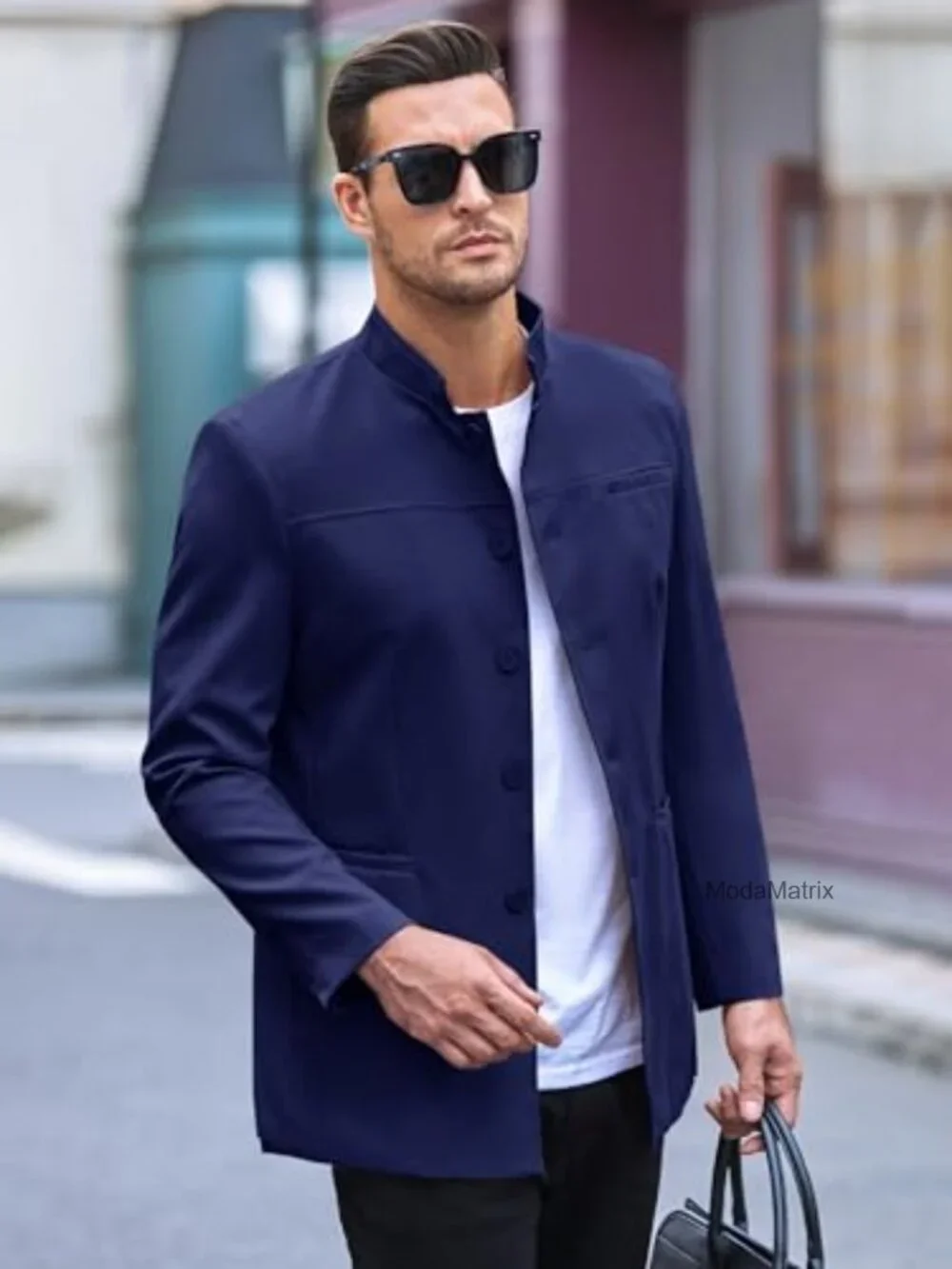 Men's Mandarin Collar Casual Suit Blazer Single Breasted Sport Coat Cotton